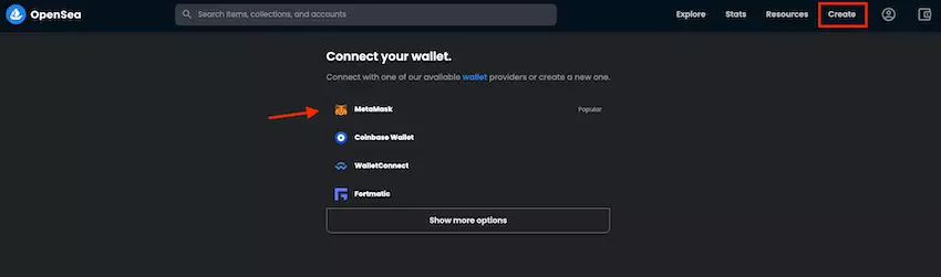 Connection wallet MetaMask OpenSea to create an NFT
