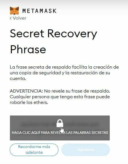 Frase secreta de recuperación MetaMask